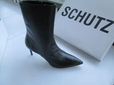 Schutz Blake Bootie 黑色豪华 Nappa 皮革 Bota Salto Stiletto 3 英寸高跟鞋 6 码 — 第 1/4 张图片