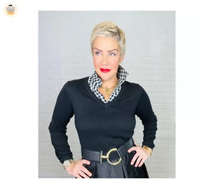Joan Rivers V-Neck Sweater with Check Flannel Detail - Black, XS - Picture 1 of 2
