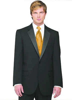 Sizes 34-50 Short 7-Piece Tuxedo Package w/Flat Front Pants, Mustard Vest & Tie - Image 1 of 4
