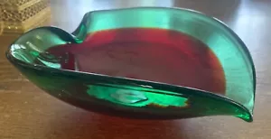 VTG Seguso Murano Art Glass Heart shaped Red & Green Leaf Bowl 9x8x3 - Picture 1 of 6