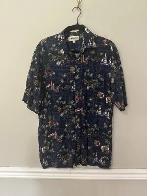 Moda Campia Shirt M Blue Nautical Sailboat Rayon Button Down Sailorcore Aloha - Image 1 of 4