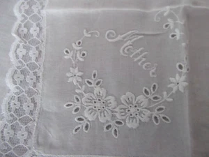 vtg hanky 11in Wedding Bridal Mother embroiderted lace white MINT - Picture 1 of 3