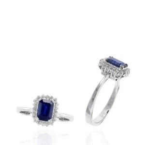 1.35 TCW Natural Octagon Cut Blue Sapphire with Diamonds 14K White Gold Ring - Picture 1 of 1