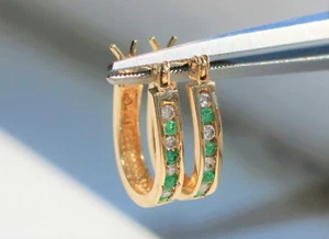 Hoop Earrings with White Diamonds & Green Topaz Stones in 10K Yellow Gold  (EJ19 - Picture 1 of 5