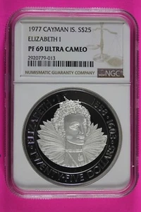 1977 PF 69 Cayman Islands Elizabeth I $25 Dollars Silver Coin NGC Graded 545 - Picture 1 of 4