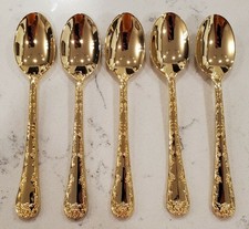 Lot of 5 WM Rogers & Son Plated Flatware Gold 6”Spoon Teaspoon ENCHANTED ROSE