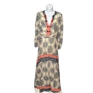 Abito Sheryl Crow blu bianco rosso stampato boho maxi manica lunga taglia 8 hippy  - Foto 1 di 6