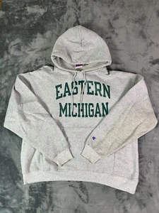 Y2K Champion Eastern Michigan Hoodie XL Gray Pullover Spell Out Sweatshirt - Picture 1 of 8