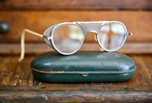 Vintage 1940 WWII Bausch Lomb Safety Motorcycle Goggles Sunglasses w/ Metal Case - Picture 1 of 10