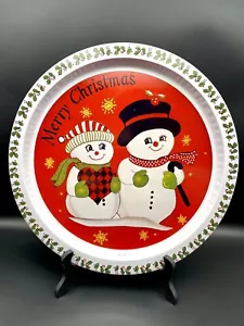 Christmas Frosty the Snowman and Wife 13" Tin Round Serving Tray - Picture 1 of 2