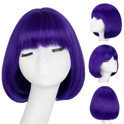 Peruca bob roxa 10 polegadas perucas retas sintéticas para mulheres com franjas coloridas curtas - Imagem 1 de 4