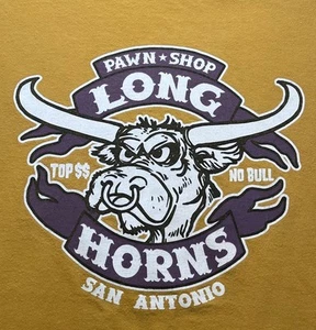 Old Navy Long Horns San Antonio Pawn Shop Mens M Yellow Texas Graphic Tee Funny - Picture 1 of 7