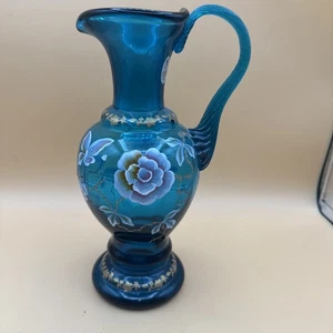 Bill Fenton Signed New Century Collection Blue Glass Pitcher XXI Hand Painted - Picture 1 of 8