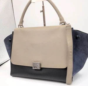 CELINE Trapeze 2way Shoulder Bag Handbag Black Leather Navy Suede Silver Elegant - Picture 1 of 18