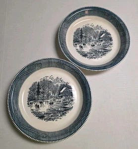 Set Of 2 Royal China Jeanette Currier & Ives Pie Plate 10" Early Winter Skating - Picture 1 of 14
