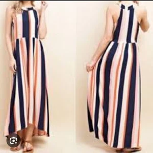 Maxi Vestido Blushing Heart Halter Rayas Alto Bajo Nuevo con Etiquetas Talla Mediana Ligero Costal - Imagen 1 de 14