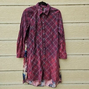 Aratta Silent Journey mixed media tunic shirt dress plaid floral small - Picture 1 of 8