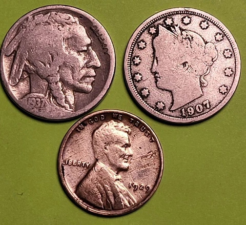 💰 Liberty V Nickel, Buffalo Nickel & Copper Wheat Penny - 3 coins lot Cover