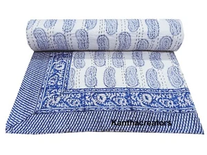 Hand Block Print Bedcover 100%Cotton Blue and White Kantha Quilt Indian Blanket - Picture 1 of 6
