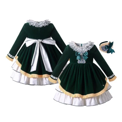 Vintage Spanish Dress for Girls Xmas Clothes with Headband Green Long Sleeve - Image 1 of 4