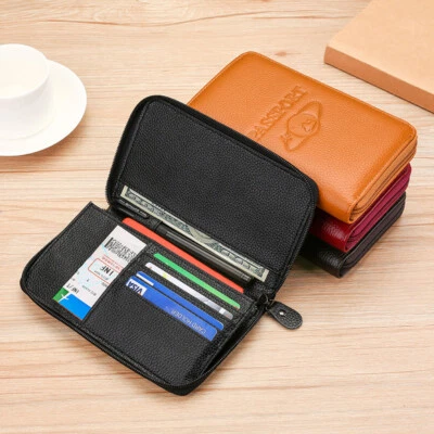 Genuine Leather Passport Holder Travel RFID Card Ticket Storage Portable Pocket - Image 1 of 4