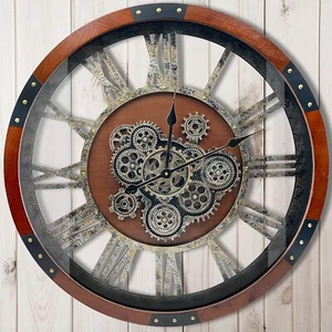 24" Moving Gears Wall Clock, Vintage Industrial Farmhouse Decor, Black Walnut - Picture 1 of 6