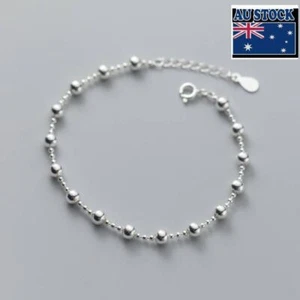 Fashion Woman Real s925 Sterling Silver Beaded Balls Chain Bracelet Bangle - Picture 1 of 6