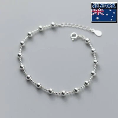 Fashion Woman Real s925 Sterling Silver Beaded Balls Chain Bracelet Bangle - Image 1 of 4