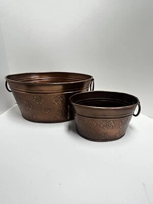 Set of 2 Copper Tins Oval Planters w/t Handels Engraved Leaves Decor Storage - Image 1 of 4