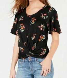 American Rag Juniors Black Floral Twisted Knot Front T Shirt Top Sz XL - Picture 1 of 7