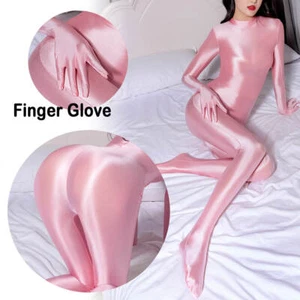Damen Wetlook Satin Ganzkörperstocking glänzend Turnanzug Body Overall mit Handschuhen - Bild 1 von 35