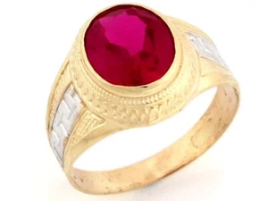 10k or 14k Two Tone Gold Red Simulated Ruby Mens Birthstone Greek July Ring - Picture 1 of 5