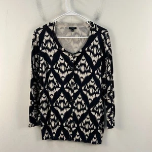 Talbots Womens Large Petite Sweater Black White Geometric Knit Button 14768 - Picture 1 of 7