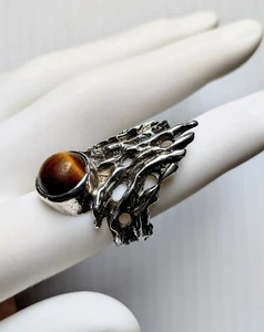Vintage Statement Modernist/Brutalist Tigers Eye Silver Ring - Picture 1 of 15