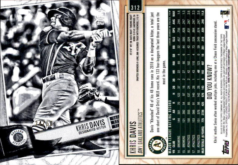 2019 Topps Big League KHRIS DAVIS Artist Black & White /50 Athletics #312 - Image 1 of 1