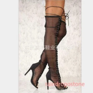 Damen Hohl Mesh Peeptoe Schnürung Overknee Overknee Stiefel High Heels Stilettos - Bild 1 von 9