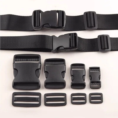 Black Plastic Release Buckle Webbing Slider Tri-Glide Clips Set 20 25 32 38 50mm - Image 1 of 4