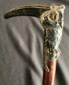 Antique Figural Silver Owl w/ Amber Glass Eyes Walking Stick Cane for resto - Picture 1 of 10