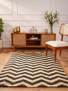 Eco-Friendly Hand Knotted Sumak Jute Area Rug Contemporary Cream Black BBJ0001 - Picture 1 of 5