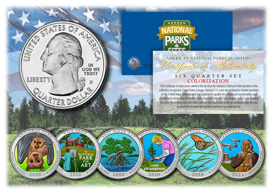 2020-21 America The Beautiful COLORIZED Quarters US Parks 6-Coin Set w/ Capsules - Image 1 of 1