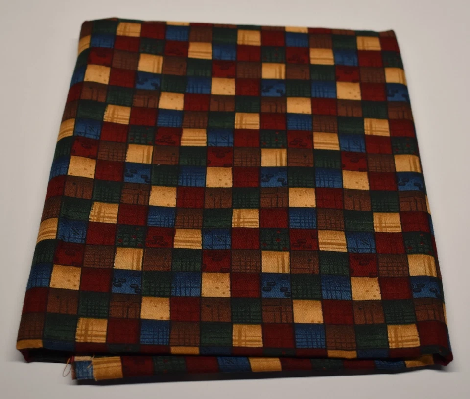 35" x 44" cotton fabric CRANSTON  brown tan dark red blue green SQUARES - Image 1 of 4