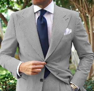 Seersucker Men Suits 2 Pcs Wide Peak Lapel Wedding Beach Leisure Summer Tuxedos - Picture 1 of 27