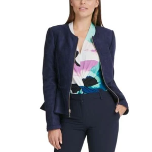 DKNY NEW Women's Petite Faux-suede Zip-front Peplum Basic Jacket Top TEDO - Picture 1 of 2
