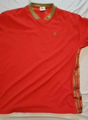 Vintage Adidas Jersey Red Brown Logo 3 Stripes Writing Down Side  - Image 1 of 4