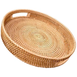 Woven Rattan Serving Tray Round Woven Fruits Basket Decorative Rustic Table Tray - Picture 1 of 12