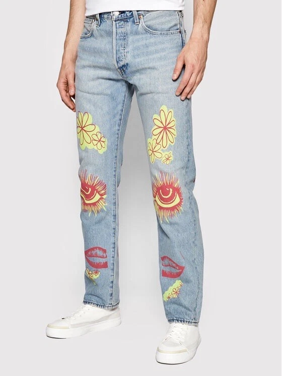 LEVI'S levis 501 PREMIUM jeans 34 RARE blue GRAPHIC HIPPIE GROOVY .