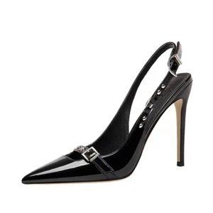 Womens Pointed Toes Thin Heels High Heels Punk Style Lacquer Leather Sandals - Picture 1 of 5