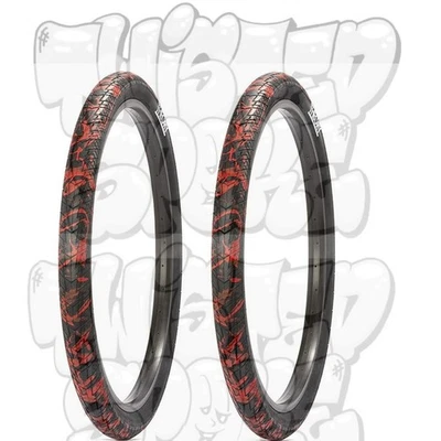 PAIR Theory Method BMX Wheelie Bike Tires Black w/ Red Splatter Strip 29 x 2.5 - Imagem 1 de 2