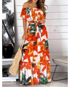 Everyday the Label Printed Off Shoulder Maxi Dress Women Red Dresses - Picture 1 of 4
