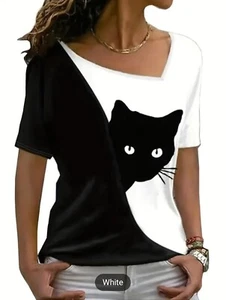 Black Cat Lovers Tshirt 8/10 Medium/Large Shirt Teen Top Colorblock weiß - Bild 1 von 3